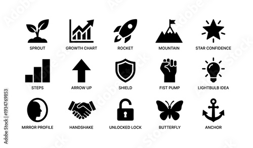 Icons of growth and success: nature, business, innovation, and motivation symbols