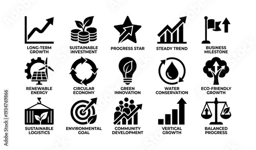 Icons representing growth trends and sustainable development goals