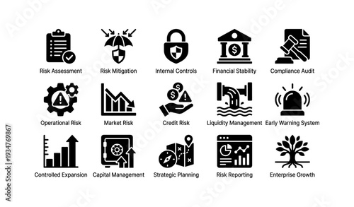 Icons representing financial risk management and strategy concepts