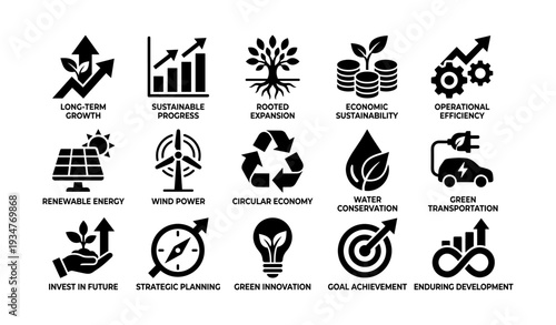 Icons depicting sustainability: growth, efficiency, innovation, conservation