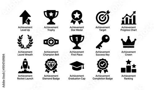 Achievement icons: medals, trophies, targets, charts, laurel, key, badge, cap, crown