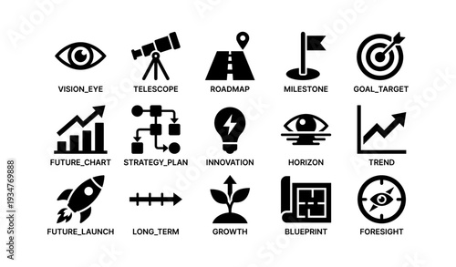 Icons representing vision, strategy, innovation, and growth concepts