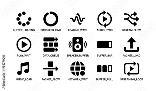 Loading and buffering icons set: progress, audio, data, network, streaming symbols