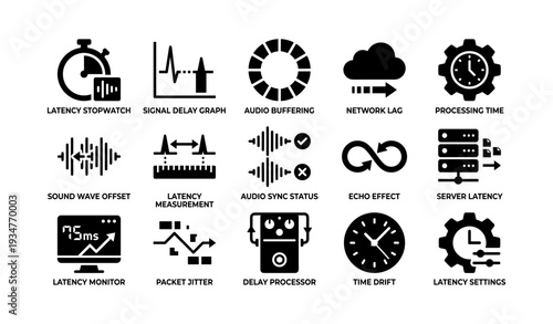 Network and audio latency icons set: delay, buffering, processing, measurement