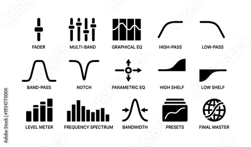 Audio equalizer icons set: fader, band-pass, frequency spectrum, high-pass, low-pass