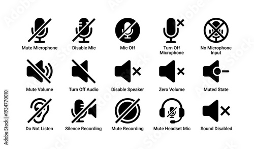 Audio and microphone control icons: mute, disable, volume, speaker, headset symbols