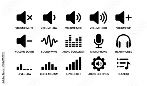 Audio icon set: mute, volume levels, sound wave, equalizer, microphone, headphones