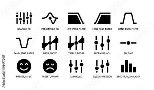 Audio control icons: equalizers, filters, and presets