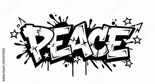 A graffiti illustration of the word peace surrounded by stars and splatters