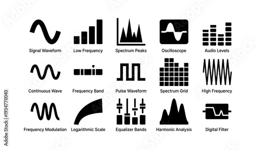 Audio and signal waveform icons: oscilloscope, frequency, spectrum, equalizer