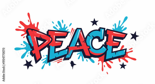 Vibrant graffiti-style illustration of the word peace surrounded by stars and splatters on a white background
