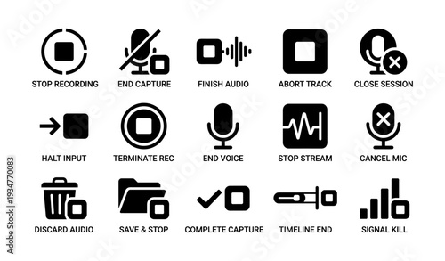 Audio control icons: recording, streaming, editing actions and symbols