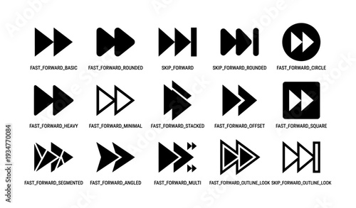 Set of fast forward and skip buttons: basic, rounded, circle variants