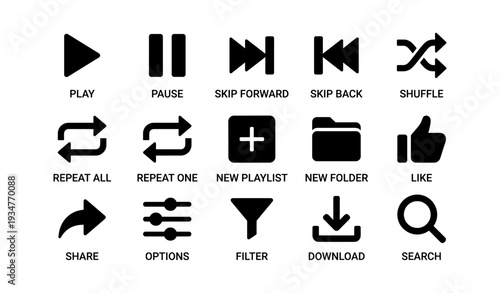 Media playback and management icons set: play, pause, shuffle, repeat, search