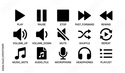 Simple black media control icons for audio and video functions