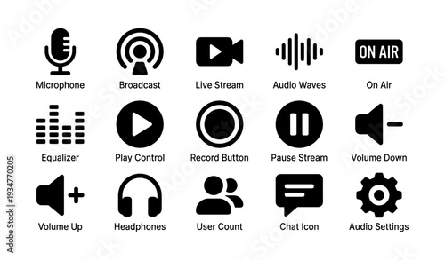 Podcast and streaming icons: microphone, broadcast, play control, headphones, chat icon