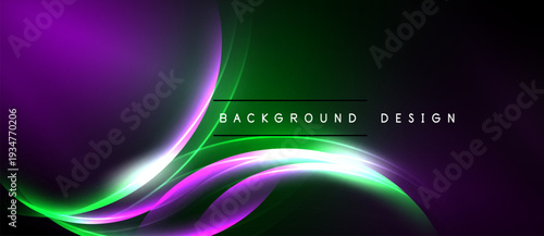 Abstract background features vibrant purple, green hues. Smooth curves create dynamic light effects, modern design element.