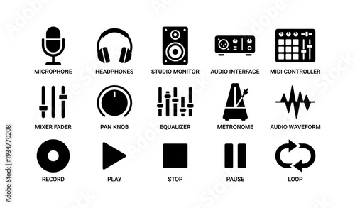 Audio equipment icons: microphone, headphones, monitors, interfaces, controllers