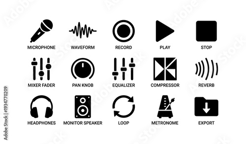 Audio production icons: microphone, waveform, record, play, stop, mixer, equalizer