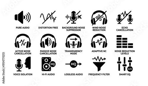 Audio noise reduction and cancellation icons set for sound control