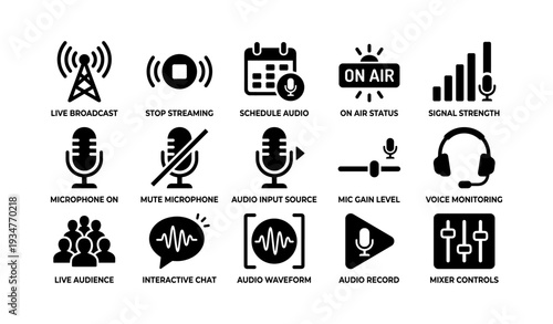 Broadcast and audio control icons: microphone, headphones, waveform, and more