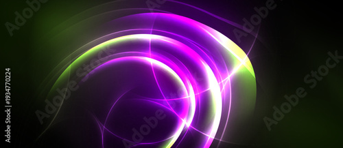 Abstract swirls, vibrant purple, green hues dominate. Light radiates, creating dynamic energy. Dark background emphasizes glowing forms.