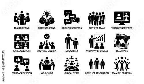 Business icons: teamwork, strategy, brainstorming, mentoring, global collaboration