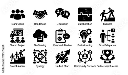 Collaboration and teamwork icons: brainstorming, feedback, and growth