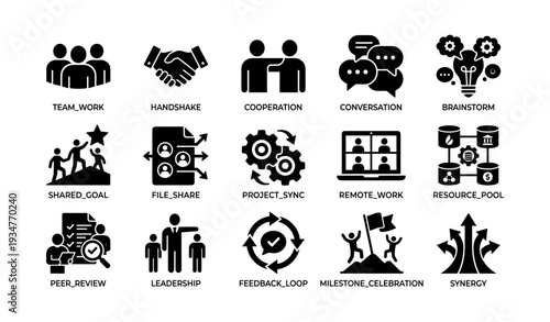 Collaborative teamwork icons: cooperation, communication, leadership, innovation, synergy