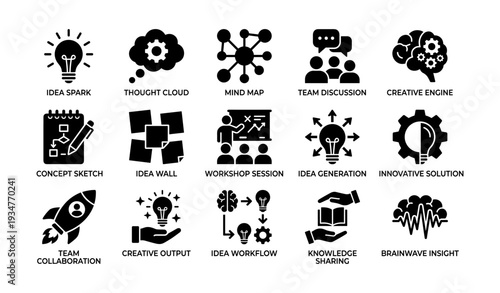 Innovative concept icons: idea, mind map, teamwork, collaboration, creativity