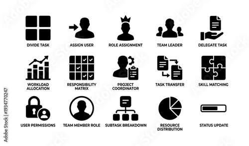 Team management icons for task distribution and role assignment strategy