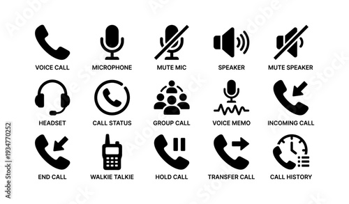 Call and audio icons for communication and telephony functions
