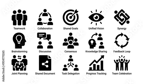 Icons representing teamwork, collaboration, communication, and strategic planning concepts