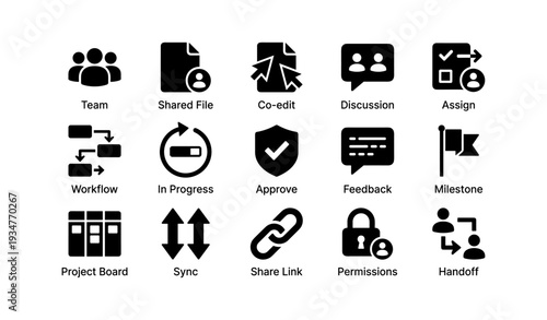 Collaboration icons: team, workflow, permissions, milestone, discussion, approval