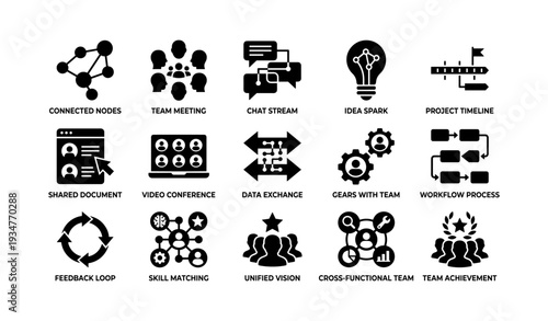 Icon set representing business collaboration, innovation, and workflow processes