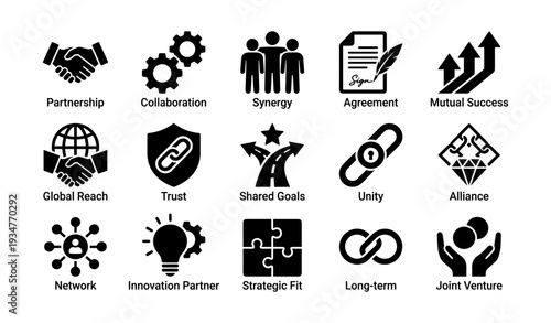 Business collaboration concepts: partnership, synergy, global reach, innovation, success