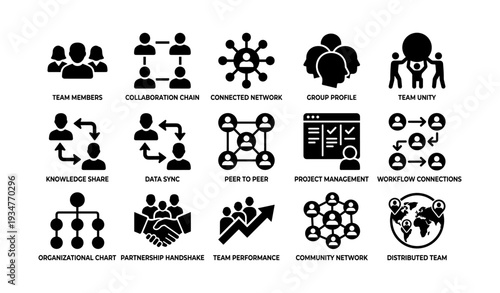 Business icon set: teamwork, collaboration, and network connections