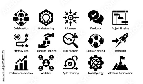 Collaboration and teamwork icons for business strategy and project management