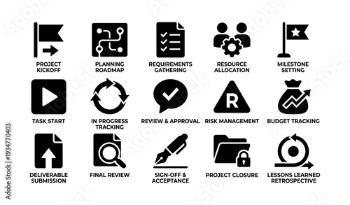 Project management icons set: milestones, tracking, review, budget, closure