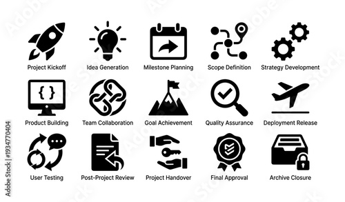 Project management icons illustrating key stages and processes in development lifecycle