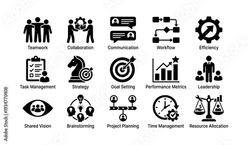 Business icon set: teamwork, strategy, leadership, time management, efficiency