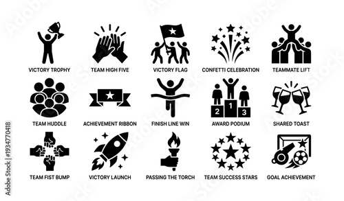 Icon set depicting victory and team celebration activities