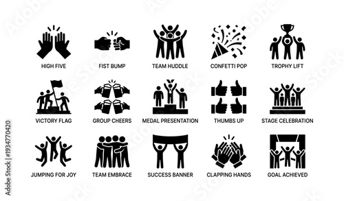 Set of team celebration icons: high five, fist bump, trophy lift, victory dance