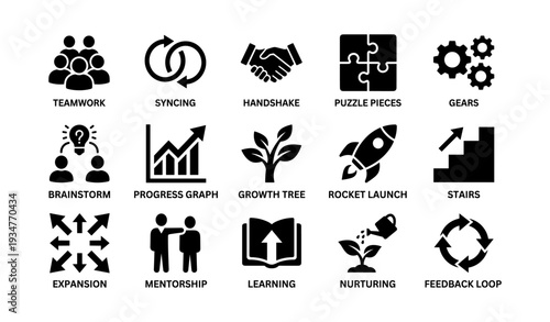 Business and personal growth icons: teamwork, mentorship, progress, innovation, expansion