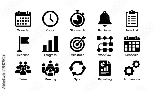 Business management icons: calendar, clock, stopwatch, reminder, task list, workflow