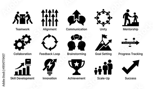 Business infographic icons: teamwork, communication, innovation, success, achievement