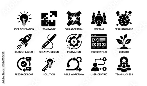 Business icons: idea generation, collaboration, innovation, agile workflow, team success