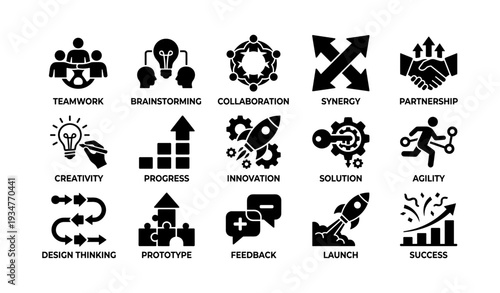 Business strategy icons illustrating teamwork, innovation, and success