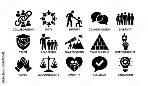 Business icons representing teamwork, support, leadership, and innovation