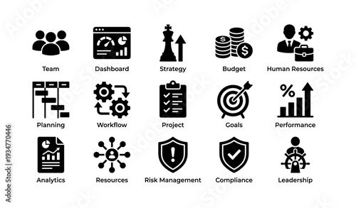 Business icons representing strategy, budget, planning, compliance, and leadership